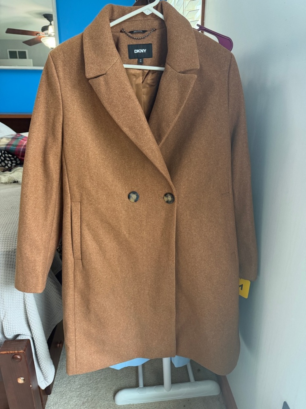 DKNY Double-Breasted Camel Brown Wool-Blend Pea Coat